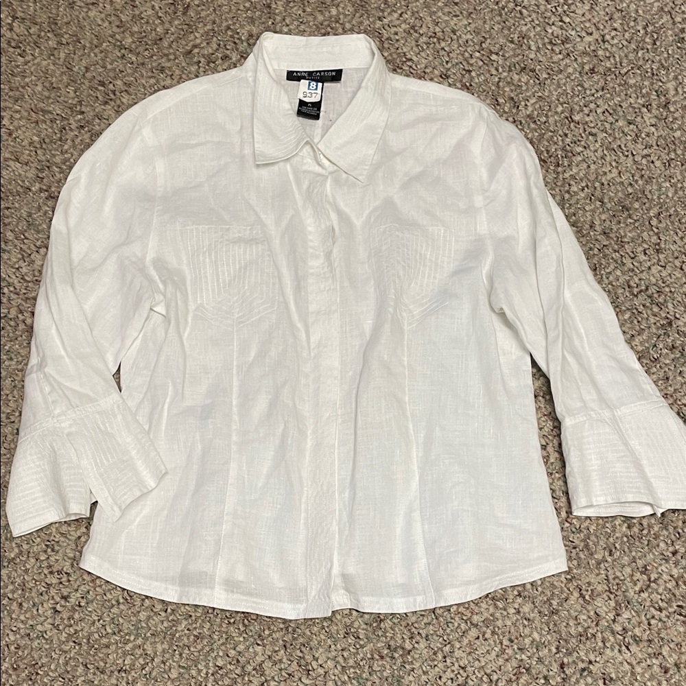100% linen Anne Carson embroidered accent White Button Down Shirt